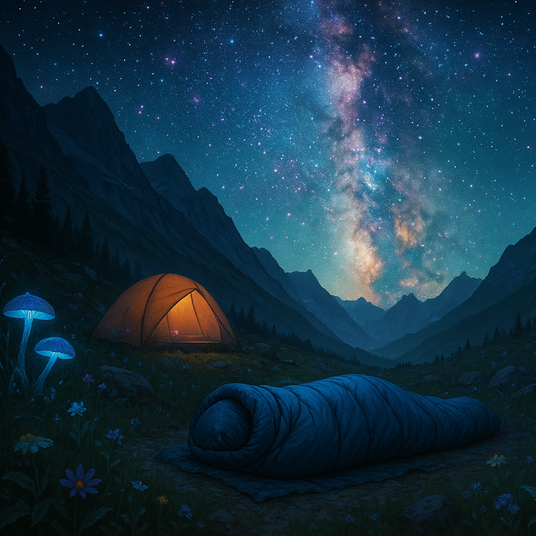 dormir à la belle étoile dans la montagne, il y a quelque fleurs, le ciel est magnifique, l'endroit est sauvage. La personne dort, on ne voit pas son visage car elle est bien emmitouflé dans son sac de couchage. On se crois dans un autre monde car il y a des plantes magique