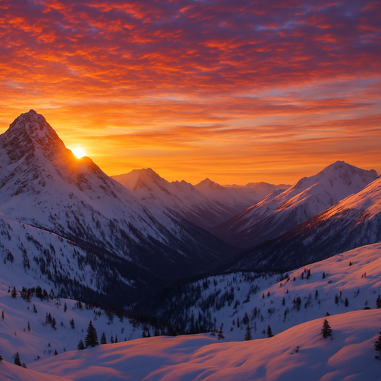 Montagne en soirée avec un couché de soleil, de la neige.