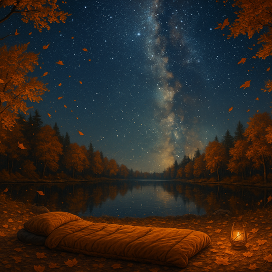 Dormir à la belle étoile en automne, des feuilles s'envolent en passant devant un ciel étoilé magnifique qui reflète dans un petit lac 