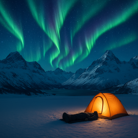 Dormir à la belle étoile l'hiver sur la neige en montagne avec des aurores boréales 